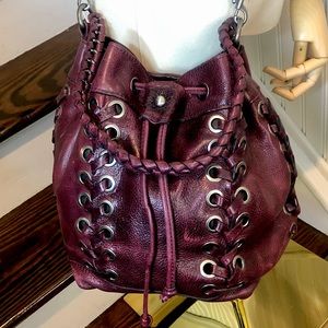 PATRICIA NASH Red Wine Woven Leather Crossbody Shoulder Bucket Bag w/ Grommets